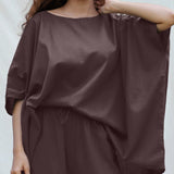 Brown Cotton Flax Boat Neck Short Kaftan Top