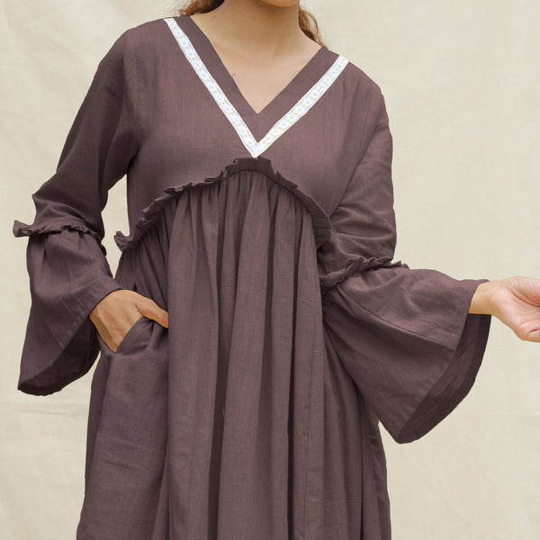 Brown Cotton Flax Bohemian Midi Dress