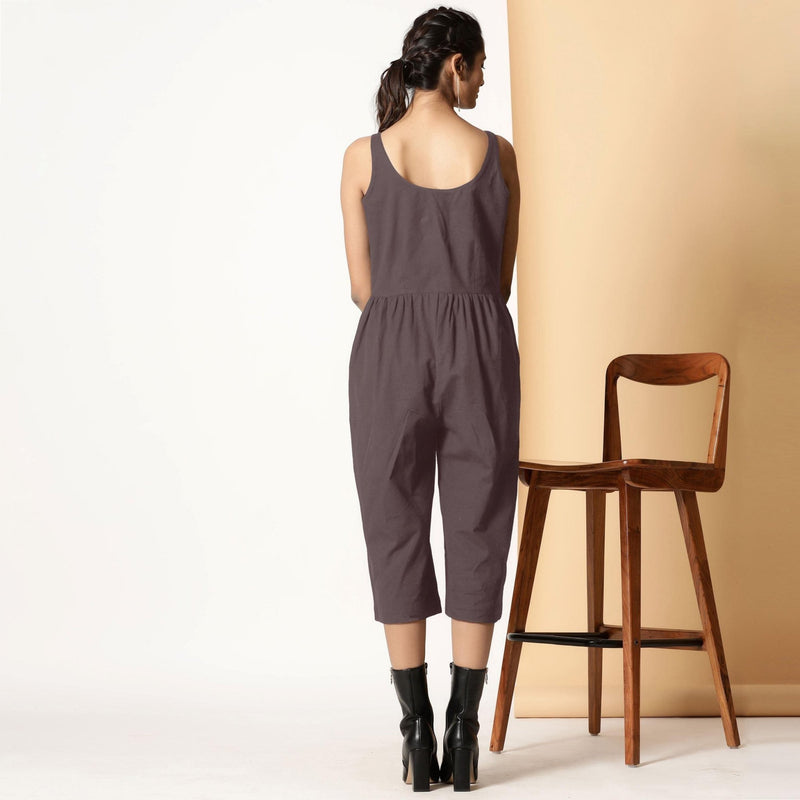 Back View of a Model wearing Brown Cotton Flax Button-Down Midi Jumpsuit