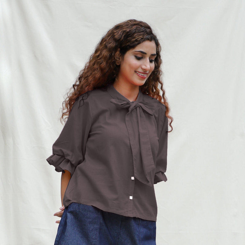 Brown Cotton Flax Button-Down Shirt