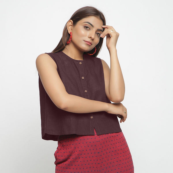 Front View of a Model wearing Brown Cotton Flax Button-Down Shirt