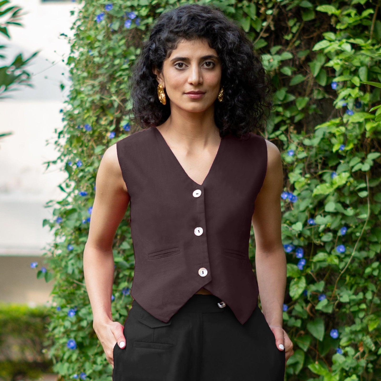 Buy Brown Cotton Flax Button-Down V-Neck Vest Online at SeamsFriendly