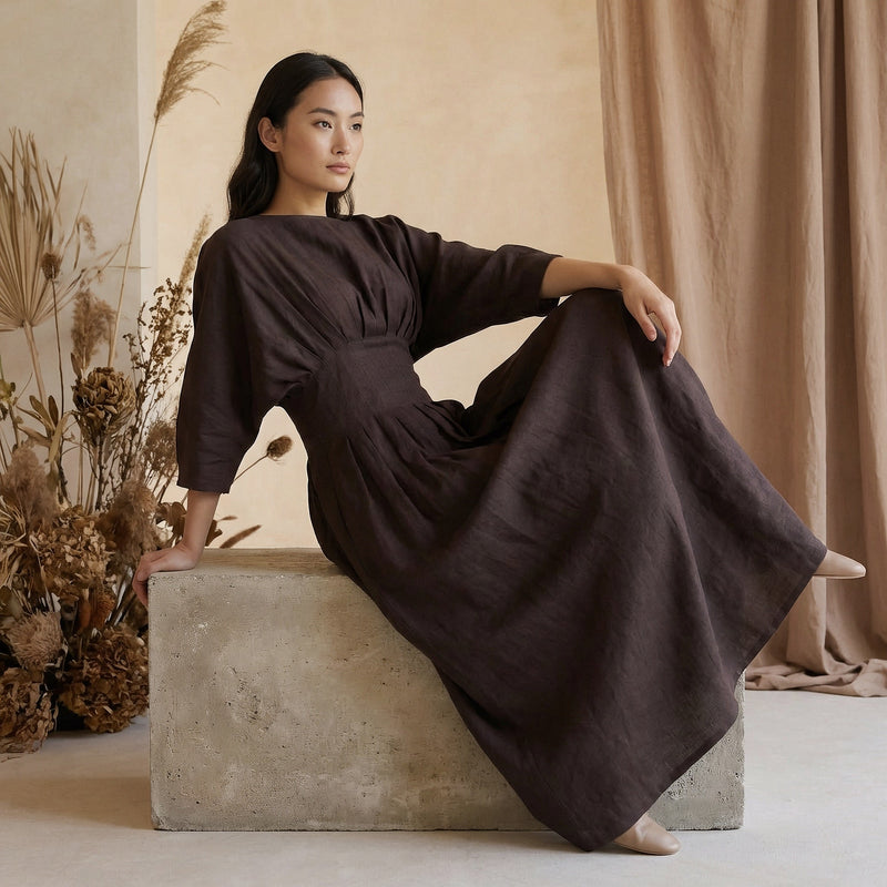 Brown Cotton Flax Cinched Waist Flared Maxi Dress 26