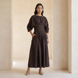 Brown Cotton Flax Cinched Waist Flared Maxi Dress