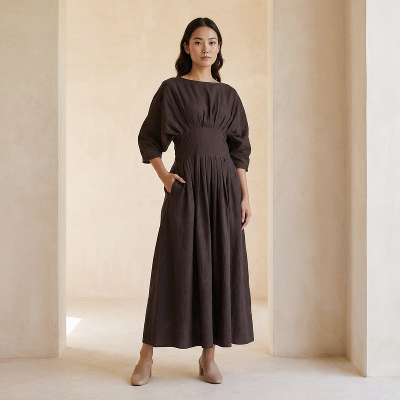 Brown Cotton Flax Cinched Waist Flared Maxi Dress 26