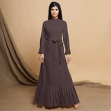 Brown Cotton Flax Crew Neck Floor Length Tier Dress