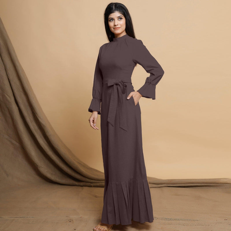 Brown Cotton Flax Crew Neck Floor Length Tier Dress