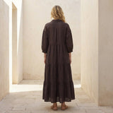 Brown Cotton Flax Deep-V Maxi Tier Dress