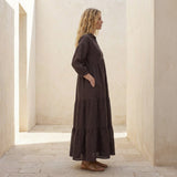Brown Cotton Flax Deep-V Maxi Tier Dress