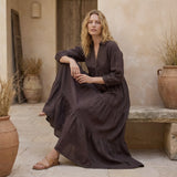 Brown Cotton Flax Deep-V Maxi Tier Dress