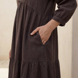 Brown Cotton Flax Deep-V Maxi Tier Dress