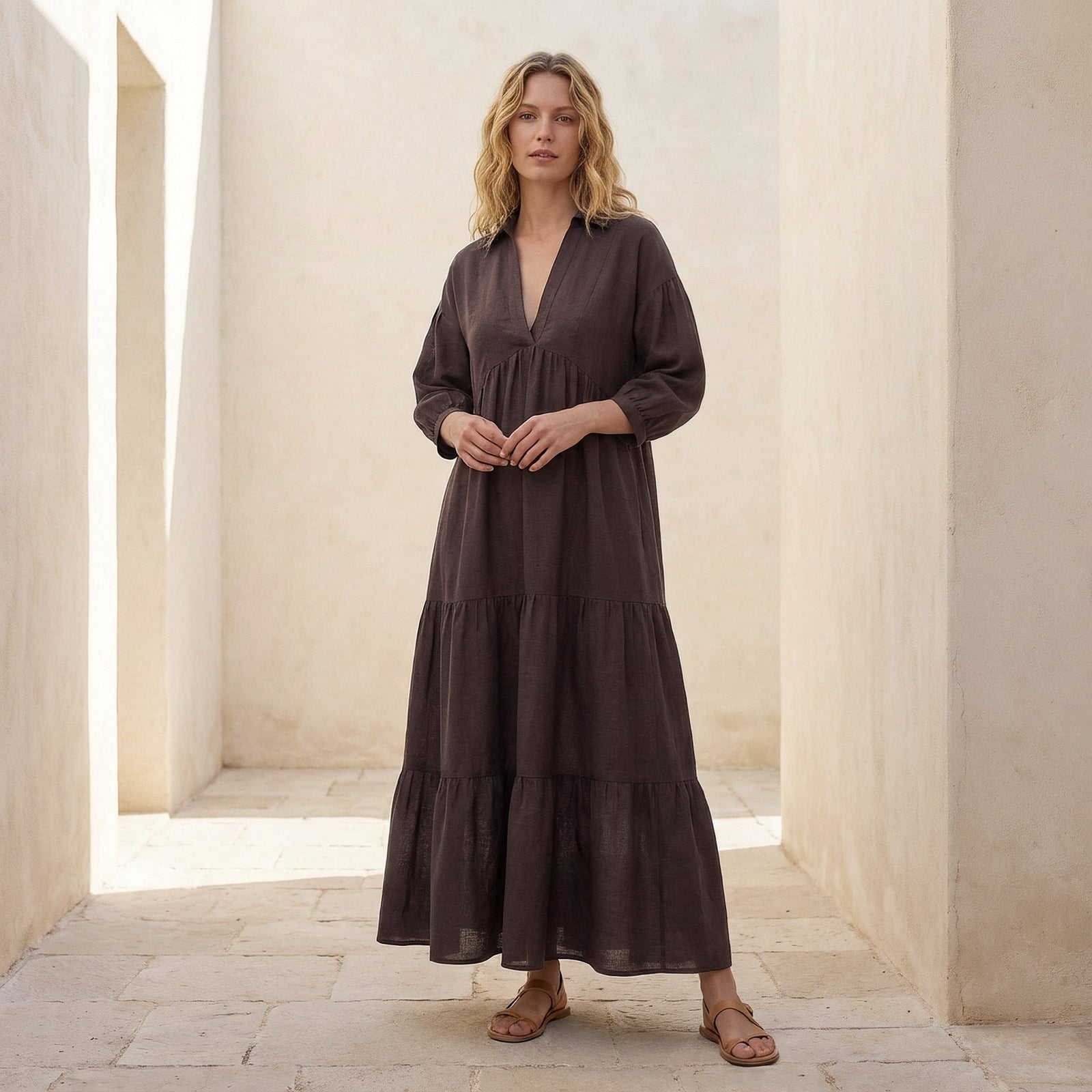 Brown Cotton Flax Deep-V Maxi Tier Dress 54