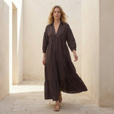 Brown Cotton Flax Deep-V Maxi Tier Dress