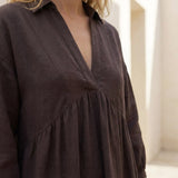 Brown Cotton Flax Deep-V Maxi Tier Dress