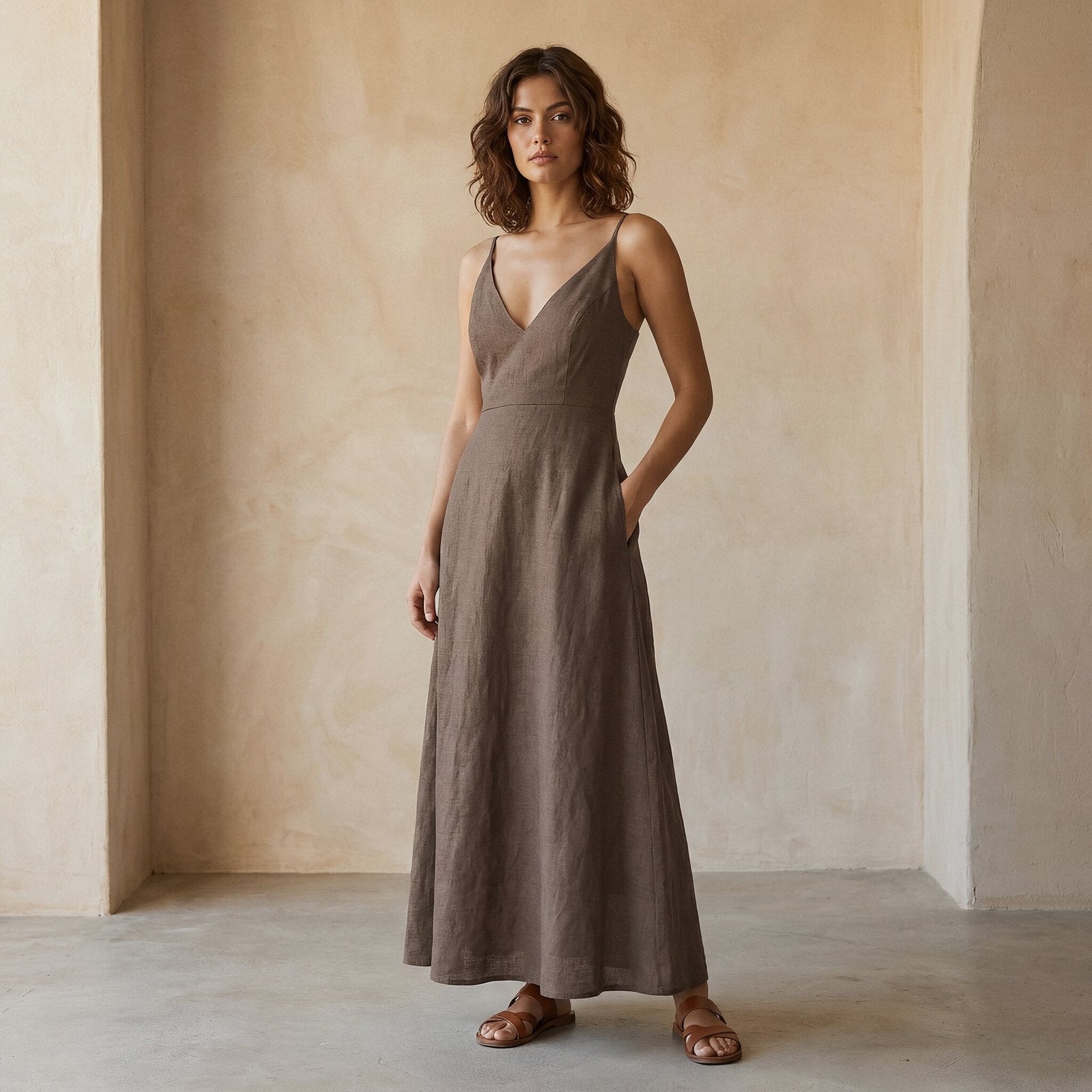 Brown Cotton Flax Deep V-Neck Cami Maxi Dress Custom Size (Free) / Custom Height (Free)