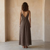 Brown Cotton Flax Deep V-Neck Cami Maxi Dress