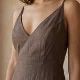Brown Cotton Flax Deep V-Neck Cami Maxi Dress