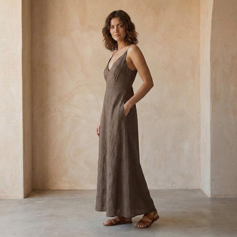 Brown Cotton Flax Deep V-Neck Cami Maxi Dress 34" / Tall (5'7" and above)