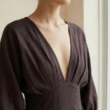 Brown Cotton Flax Deep-V Neck Empire Waist Maxi Dress