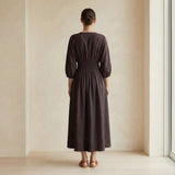 Brown Cotton Flax Deep-V Neck Empire Waist Maxi Dress