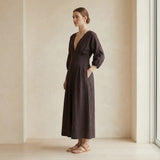 Brown Cotton Flax Deep-V Neck Empire Waist Maxi Dress