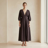 Brown Cotton Flax Deep-V Neck Empire Waist Maxi Dress