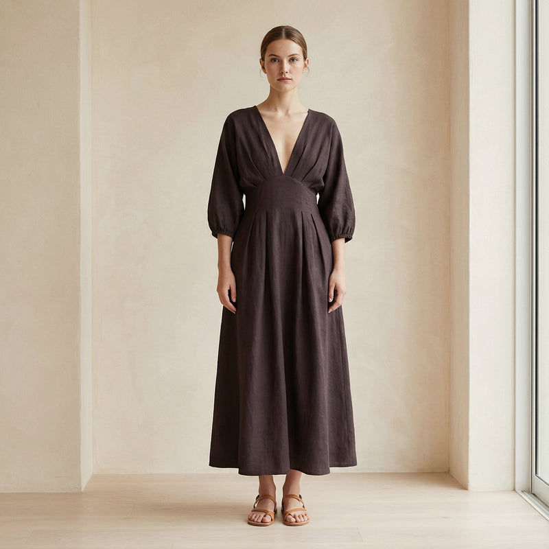 Brown Cotton Flax Deep-V Neck Empire Waist Maxi Dress 64