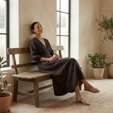 Brown Cotton Flax Deep-V Neck Empire Waist Maxi Dress