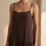 Brown Cotton Flax Drop-Waist Camisole Maxi Tier Dress