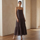 Brown Cotton Flax Drop-Waist Camisole Maxi Tier Dress
