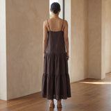 Brown Cotton Flax Drop-Waist Camisole Maxi Tier Dress