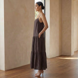 Brown Cotton Flax Drop-Waist Camisole Maxi Tier Dress
