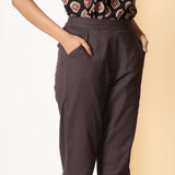 Brown Cotton Flax Elasticated High-Rise Tapered Pant