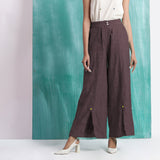 Brown Cotton Flax Elasticated Mid-Rise Wide Legged Pant