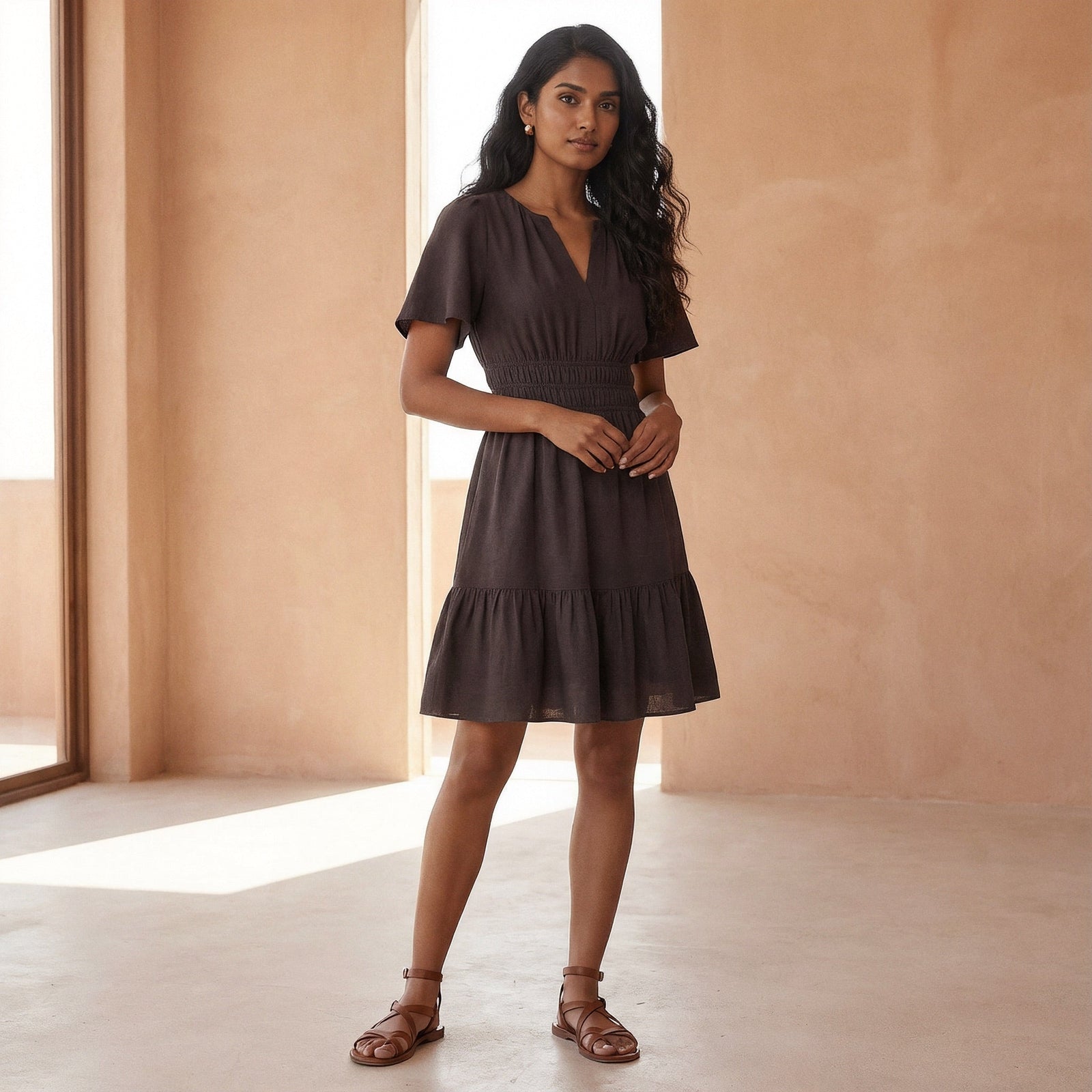 short brown ruffle dress Brown Cotton Flax Elasticated Short Tier Dress 66