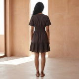 Brown Cotton Flax Elasticated Short Tier Dress