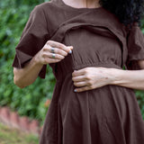 Brown Cotton Flax Fit and Flare Knee Length Pre and Post Maternity Dress