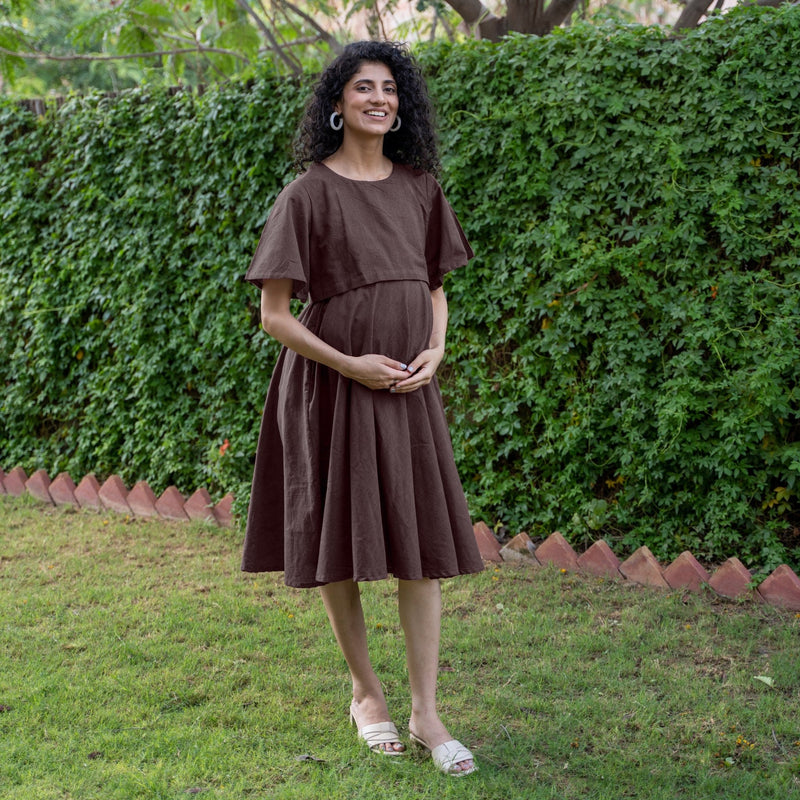 Brown Cotton Flax Fit and Flare Knee Length Pre and Post Maternity Dress