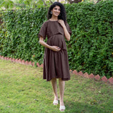 Brown Cotton Flax Fit and Flare Knee Length Pre and Post Maternity Dress