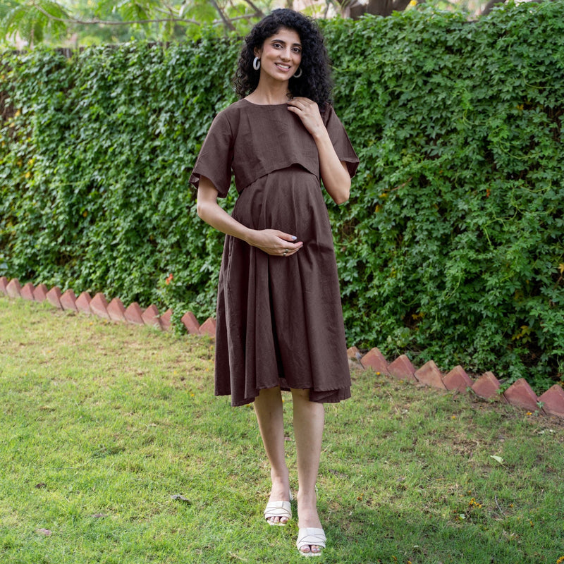 Brown Cotton Flax Fit and Flare Knee Length Pre and Post Maternity Dress