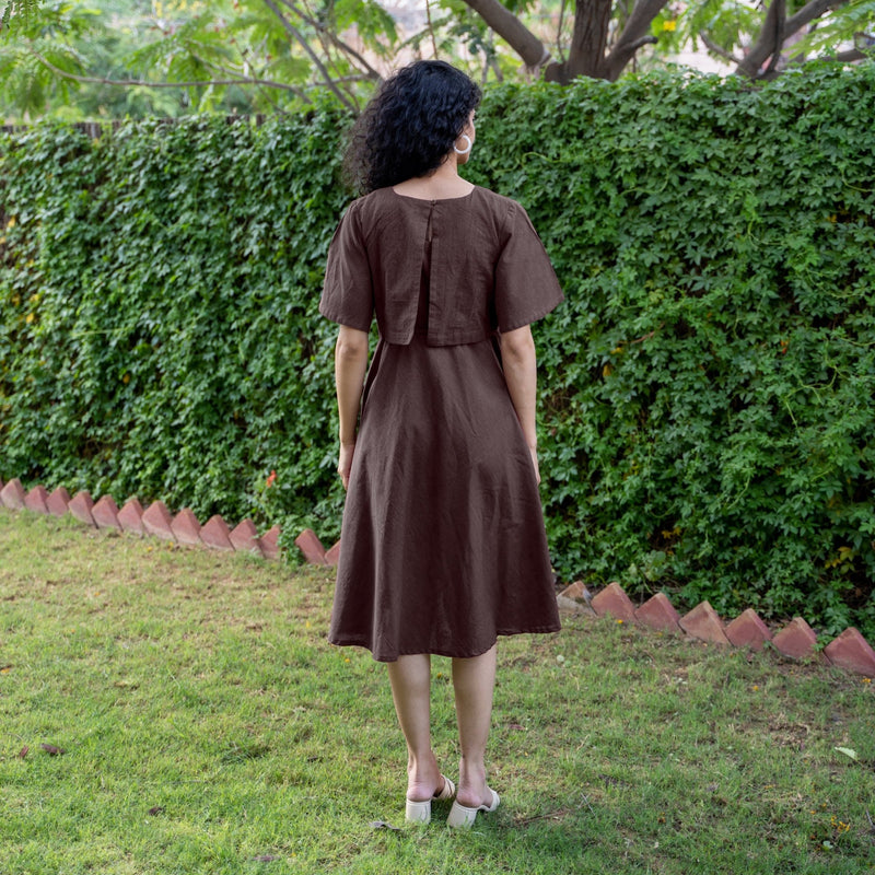 Brown Cotton Flax Fit and Flare Knee Length Pre and Post Maternity Dress