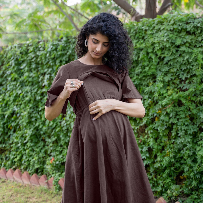 Brown Cotton Flax Fit and Flare Knee Length Pre and Post Maternity Dress