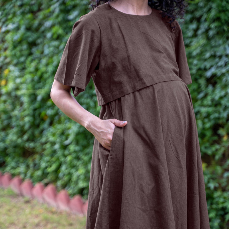 Brown Cotton Flax Fit and Flare Knee Length Pre and Post Maternity Dress