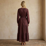 Brown Cotton Flax Fit and Flare Maxi Tier Dress