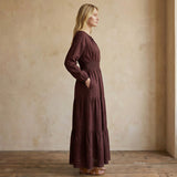Brown Cotton Flax Fit and Flare Maxi Tier Dress