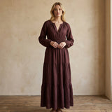 Brown Cotton Flax Fit and Flare Maxi Tier Dress