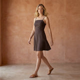 Brown Cotton Flax Fit and Flare Short Dress