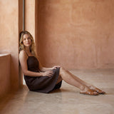 Brown Cotton Flax Fit and Flare Short Dress