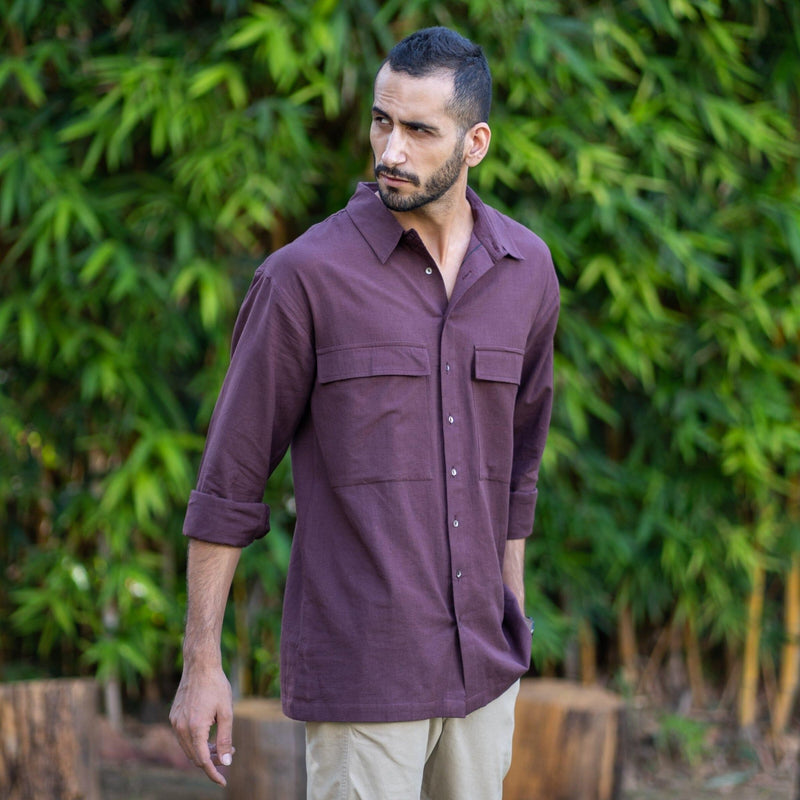 Brown Cotton Flax Front Pocket Full Sleeve Shirt