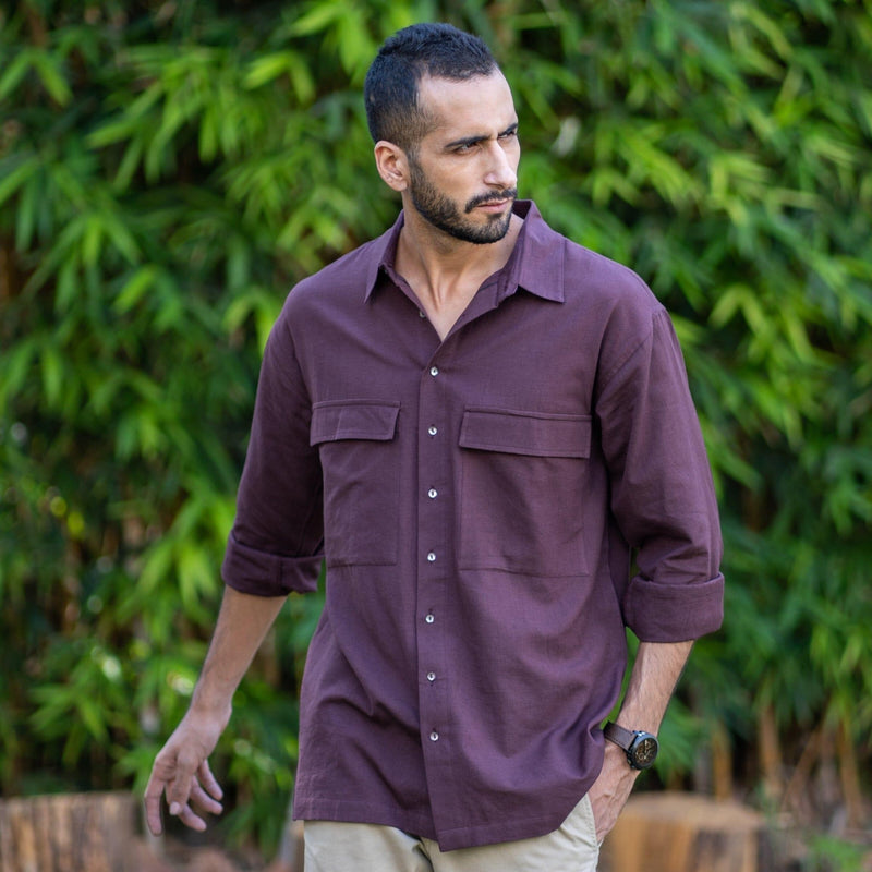 Brown Cotton Flax Front Pocket Full Sleeve Shirt